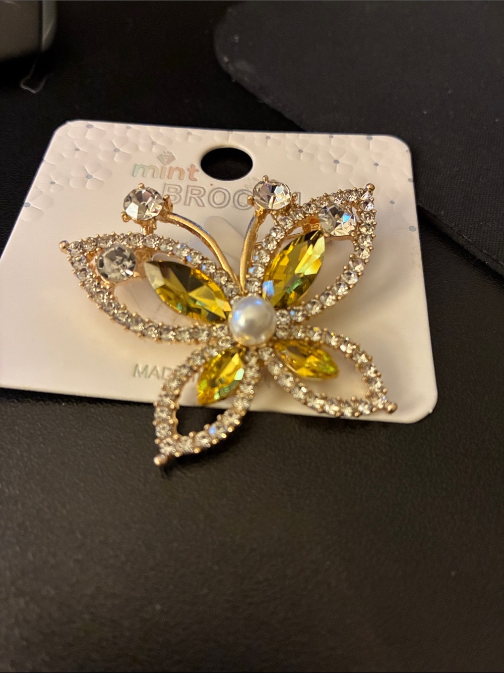 Mint Yellow Crystal Flower Brooch with Pearl Center